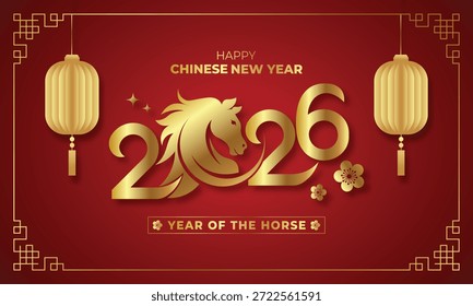 Ilustração vetorial do Ano Novo Chinês 2026, Ano do Cavalo de Ouro com ornamentos chineses de lanterna tradicional para banners, cartazes, cartões de saudação, decoração de design de celebrações