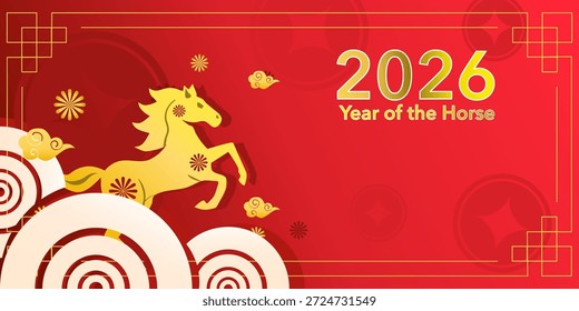 Vector illustration Chinese new year 2026. Banner gold horse on Chinese background concept year of the horse. Celebrate Luna new year. Festival holiday background. Goal planning and new beginnings 