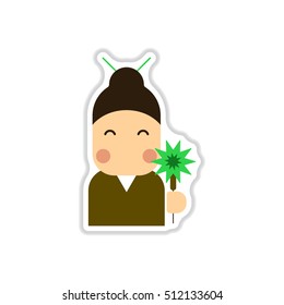 Vector illustration of Chinese new year celebration in paper sticker style Chinese woman in traditional headdress with sparkler