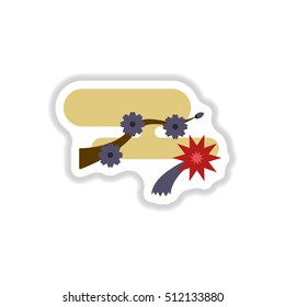 Vector illustration of Chinese new year celebration in paper sticker style tree blossoming branch and fireworks