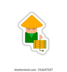 Vector illustration of Chinese new year celebration in paper sticker style Chinese man in traditional conical hat with firecrackers