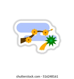 Vector illustration of Chinese new year celebration in paper sticker style tree blossoming branch and fireworks