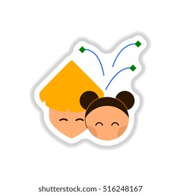 Vector illustration of Chinese new year celebration in paper sticker style Chinese people and fireworks