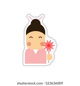 Vector illustration of Chinese new year celebration in paper sticker style Chinese woman in traditional headdress with sparkler