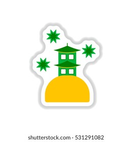 Vector illustration of Chinese new year celebration in paper sticker style chinese house and fireworks