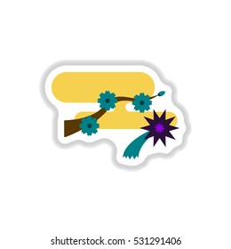 Vector illustration of Chinese new year celebration in paper sticker style tree blossoming branch and fireworks