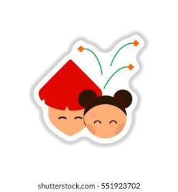 Vector illustration of Chinese new year celebration in paper sticker style Chinese people and fireworks