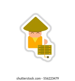 Vector illustration of Chinese new year celebration in paper sticker style Chinese man in traditional conical hat with firecrackers