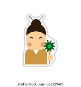 Vector illustration of Chinese new year celebration in paper sticker style Chinese woman in traditional headdress with sparkler