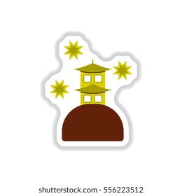 Vector illustration of Chinese new year celebration in paper sticker style chinese house and fireworks