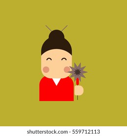Vector illustration of Chinese new year celebration in flat style Chinese woman in traditional headdress with sparkler
