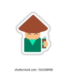 Vector illustration of Chinese new year celebration in paper sticker style Chinese man face in traditional dress with drink