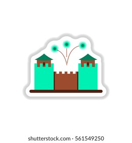 Vector illustration of Chinese new year celebration in paper sticker style Great wall of China and fireworks