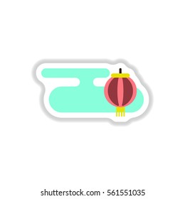 Vector illustration of Chinese new year celebration in paper sticker style Chinese lantern in sky