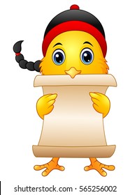 Vector illustration of Chinese new year of the chicken with holding paper scroll