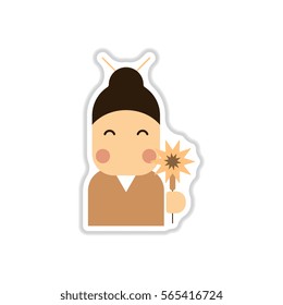 Vector illustration of Chinese new year celebration in paper sticker style Chinese woman in traditional headdress with sparkler