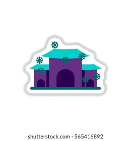 Vector illustration of Chinese new year celebration in paper sticker style Pagoda winter