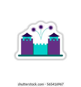 Vector illustration of Chinese new year celebration in paper sticker style Great wall of China and fireworks