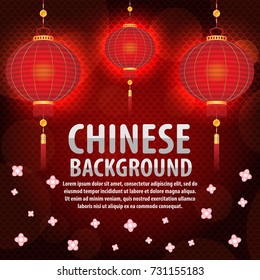 Vector illustration of Chinese New Year. Red luminous Chinese lanterns on a red dark background with sakura petals and space for text
