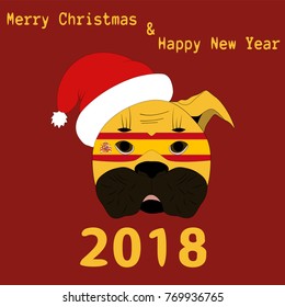 Vector illustration of a Chinese New Year symbol 2018 Yellow Dog with a carnival mask painted in the colors of the national flag of Spain with the text of Happy Christmas and Happy New Year