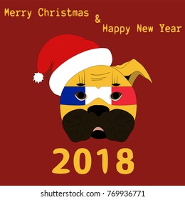 Vector illustration of a Chinese New Year symbol 2018 Yellow Dog with a carnival mask painted in the colors of the national flag of France with the text of Happy Christmas and Happy New Year