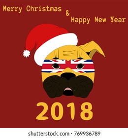 Vector illustration of a Chinese New Year symbol 2018 Yellow Dog with a carnival mask painted in the colors of the national flag of Great Britain with the text of Happy Christmas and Happy New Year