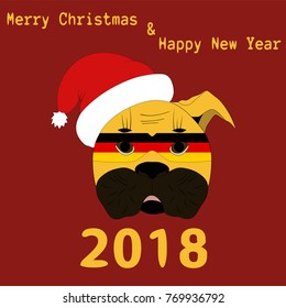 Vector illustration of a Chinese New Year symbol 2018 Yellow Dog with a carnival mask painted in the colors of the national flag of Germany with the text of Happy Christmas and Happy New Year