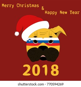 Vector illustration of a Chinese New Year symbol 2018 Yellow Dog with a carnival mask painted in the colors of the national flag of Slovenia with the text of Happy Christmas and Happy New Year