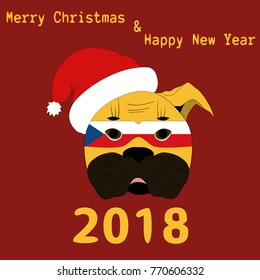 Vector illustration of a Chinese New Year symbol 2018 Yellow Dog with a carnival mask painted in the colors of the national flag of Czech Republic with the text of Happy Christmas and Happy New Year