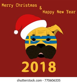 Vector illustration of a Chinese New Year symbol 2018 Yellow Dog with a carnival mask painted in the colors of the national flag of Sweden with the text of Happy Christmas and Happy New Year