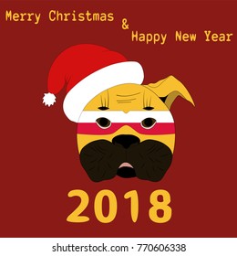 Vector illustration of a Chinese New Year symbol 2018 Yellow Dog with a carnival mask painted in the colors of the national flag of Poland with the text of Happy Christmas and Happy New Year