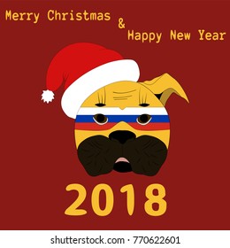 Vector illustration of a Chinese New Year symbol 2018 Yellow Dog with a carnival mask painted in the colors of the national flag of Russia with the text of Happy Christmas and Happy New Year