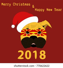 Vector illustration of a Chinese New Year symbol 2018 Yellow Dog with a carnival mask painted in the colors of the national flag of Macedonia with the text of Happy Christmas and Happy New Year