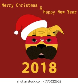 Vector illustration of a Chinese New Year symbol 2018 Yellow Dog with a carnival mask painted in the colors of the national flag of Isle of Man with the text of Happy Christmas and Happy New Year