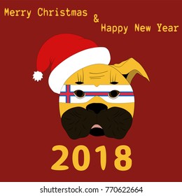 Vector illustration of a Chinese New Year symbol 2018 Yellow Dog with a carnival mask painted in the colors of the national flag of Faroe Islands with the text of Happy Christmas and Happy New Year