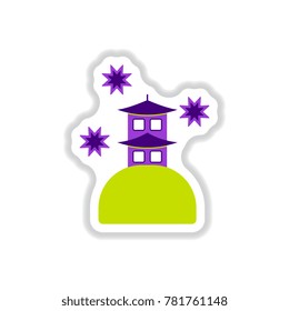 Vector illustration of Chinese new year celebration in paper sticker style chinese house and fireworks