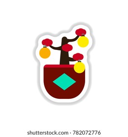 Vector illustration of Chinese new year celebration in paper sticker style Chinese Lunar New Year decorative tree