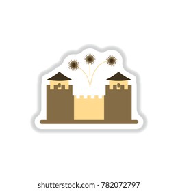 Vector illustration of Chinese new year celebration in paper sticker style Great wall of China and fireworks