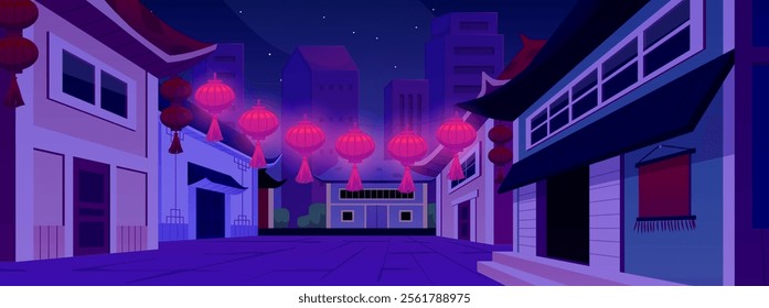 Vector illustration of Chinese night street with houses, road and glowing lanterns. Old traditional buildings with evening sky filled with stars. Flat cartoon style.