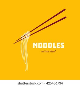 Vector illustration of Chinese noodles and chopsticks hovering in the air. Asian cuisine. Design template with place for your text on yellow background.