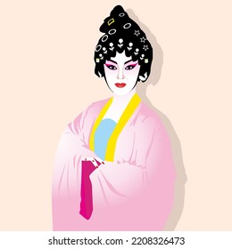 Vector Illustration of a Chinese Opera musical woman. Cantonese Opera is an ancient musical. A woman in traditional costume wearing make up.