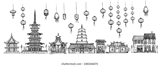 Vector illustration of Chinese pagodas houses street set. Asian town decorated with Kongming sky lanterns, Happy Chinese New Year or Asian Spring Festival holiday. Vintage hand drawn style.