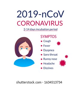 Vector illustration of the Chinese pandemic of Wuhan coronavirus 2019. Symptoms of the disease: cough, sore throat, shortness of breath, fever, runny nose, headache. Chinese influenza virus 2019-nCoV