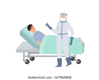 Vector illustration of chinese patient in bed and standing doctor in protective clothes in hospital isolated on white. Concept of coronavirus used for magazine, web-pages.