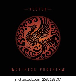 A vector illustration of a Chinese phoenix, with flowing lines and intricate details in fiery orange and red hues. The design symbolizes rebirth and immortality