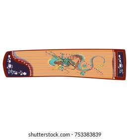 Vector illustration of chinese plucked string musical instrument guzheng isolated on white background. Chinese zither decorated with dragon chinese symbol.