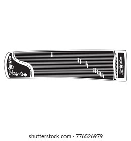 Vector illustration of chinese plucked string musical instrument guzheng isolated on white background. Chinese zither black and white design.