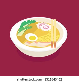 Vector illustration of chinese ramen soup food with egg noodles and another decorations and chinese chopsticks with shadow on burgundy color background