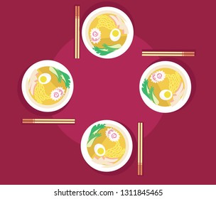 Vector illustration of chinese ramen soup food with egg noodles and another decorations and chinese chopsticks with shadow on burgundy color background