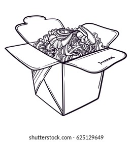 Vector illustration of a Chinese restaurant opened to take out a box filled with noodles, shrimps and chopsticks.
